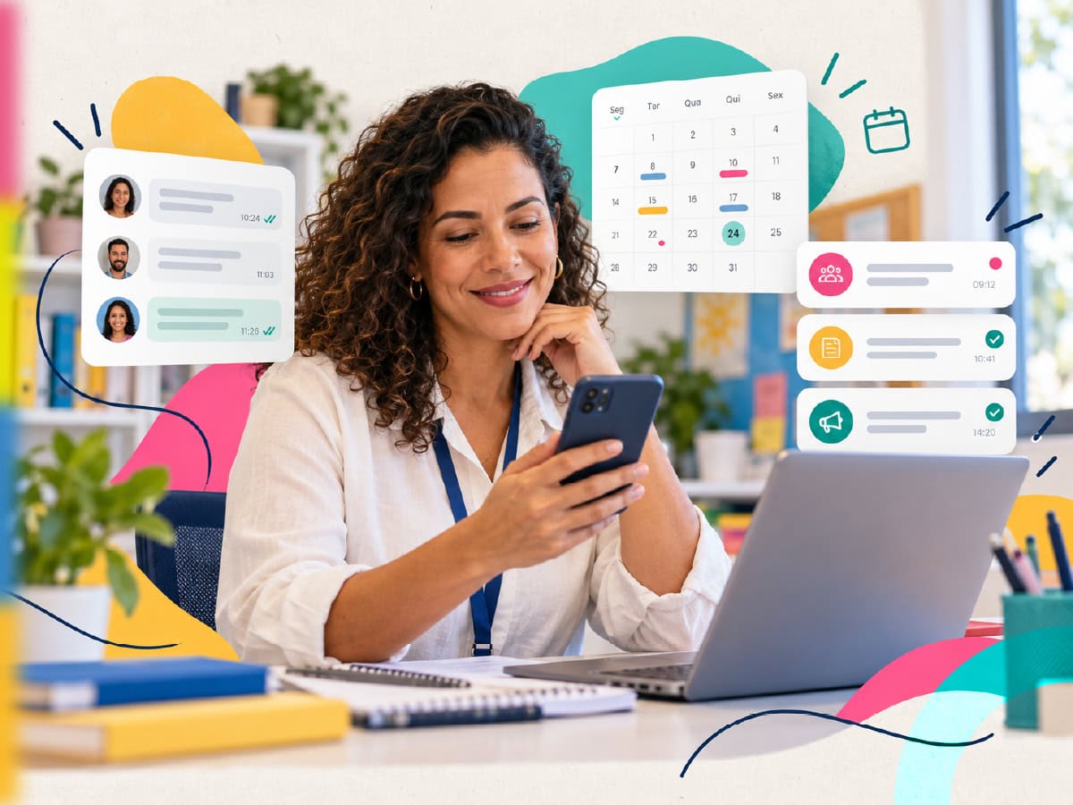 Mães e pais acompanham os filhos pela agenda escolar digital, direto no celular enquanto a escola registra a comunicação da rotina.