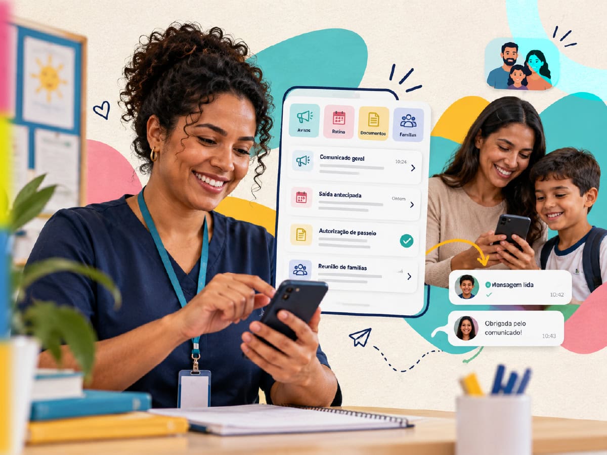 Mães e pais acompanham os filhos pela agenda escolar digital, direto no celular enquanto a escola registra a comunicação da rotina.