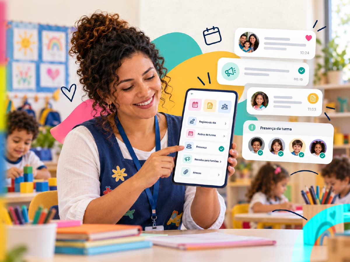 Mães e pais acompanham os filhos pela agenda escolar digital, direto no celular enquanto a escola registra a comunicação da rotina.