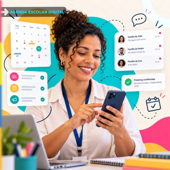 Mães e pais acompanham os filhos pela agenda escolar digital, direto no celular enquanto a escola registra a comunicação da rotina.