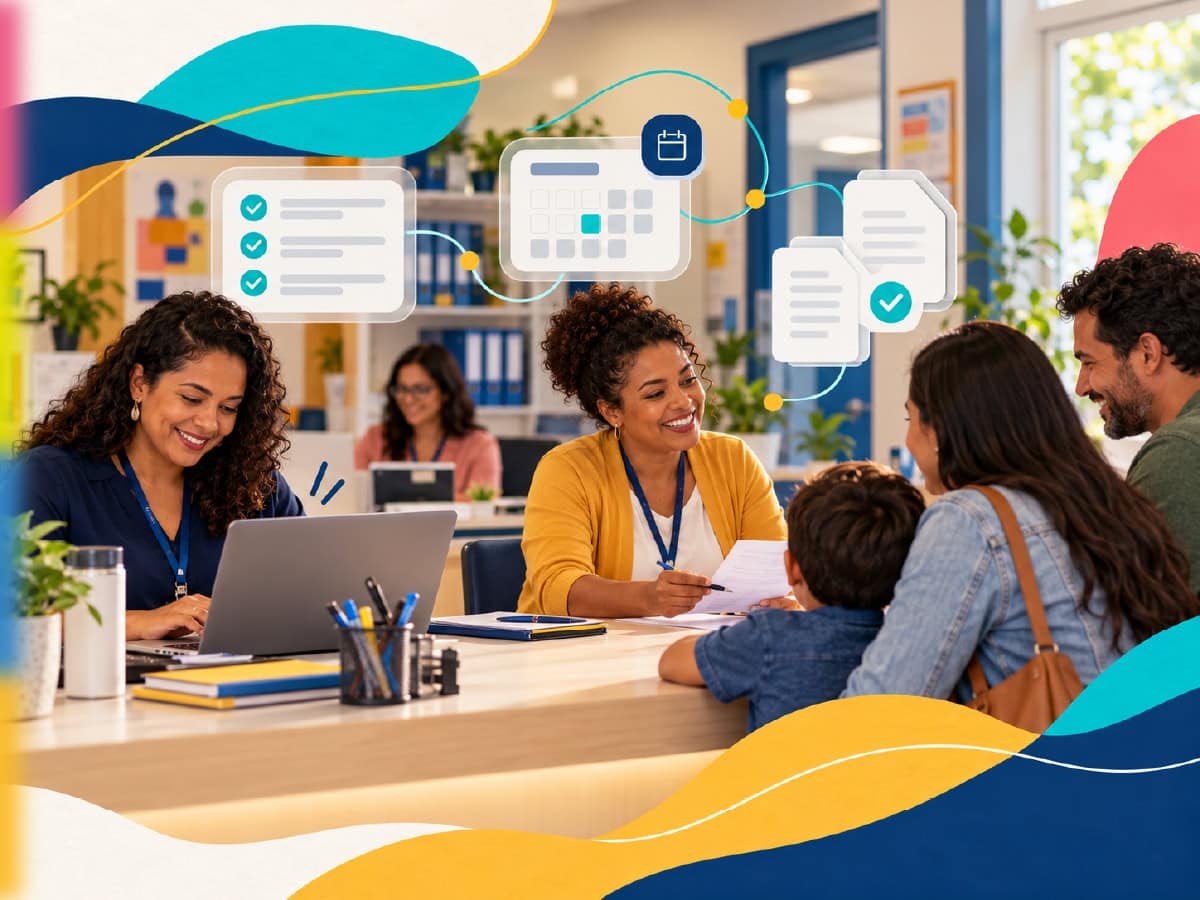 Equipe escolar ganha tempo livre enquanto o supersistema executa a automação escolar das tarefas repetitivas.