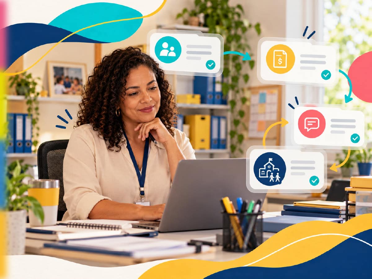 Equipe escolar ganha tempo livre enquanto o supersistema executa a automação escolar das tarefas repetitivas.