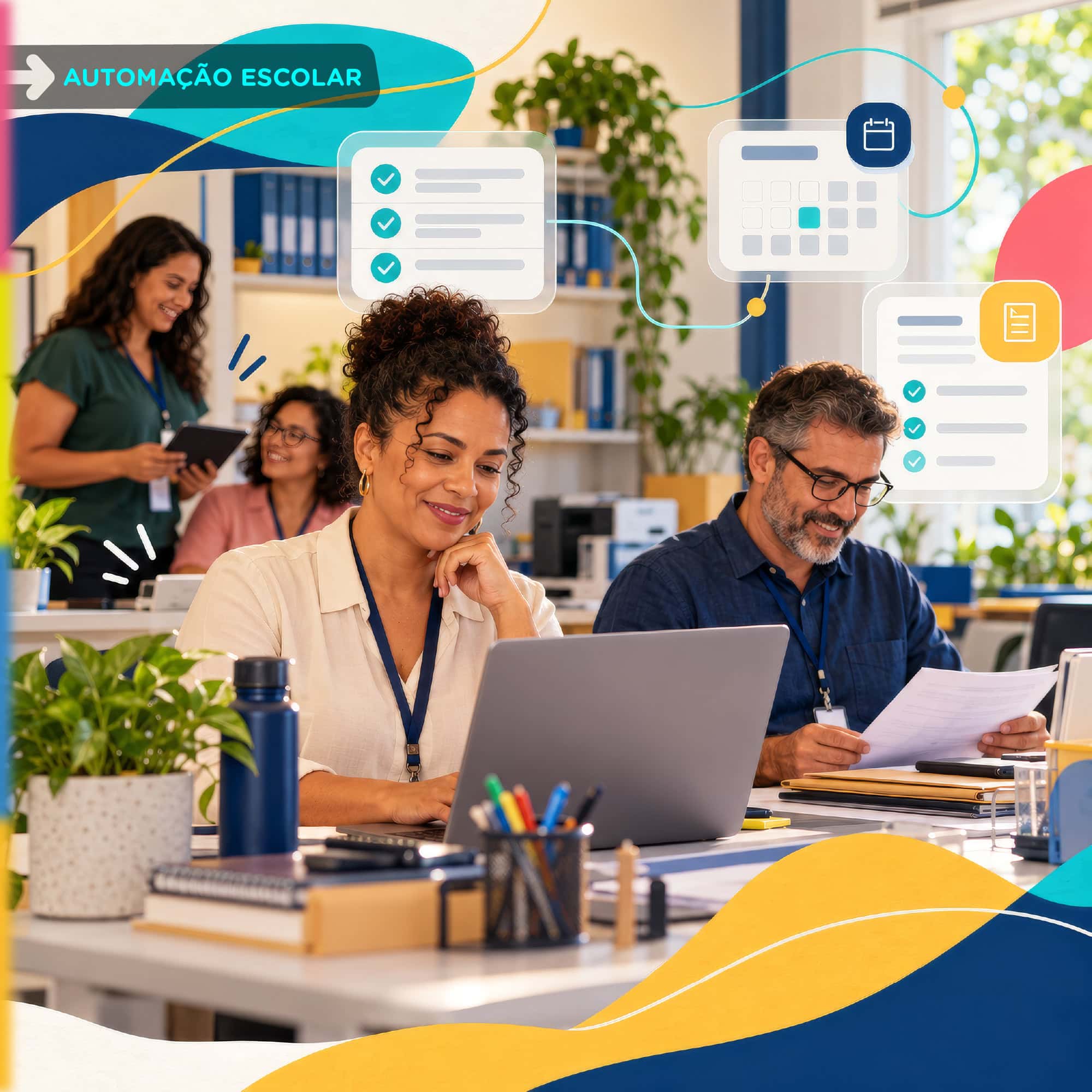 Equipe escolar ganha tempo livre enquanto o supersistema executa a automação escolar das tarefas repetitivas.